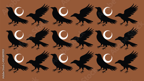 Silhouettes of crows in flight with crescent moons on brown background
