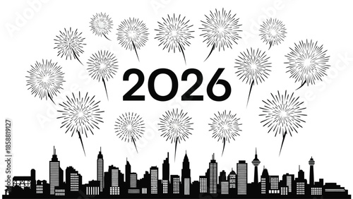 New year fireworks display over a city skyline with the year 2026