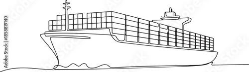 Cargo Ship with Containers. Continuous One Line Drawing Illustrating International Transport and Global Trade Concepts. one line Art icon drawing