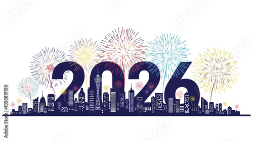 New year 2026 celebration with fireworks over a city skyline illustration