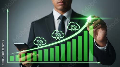 Businessman in a suit drawing an upward trending growth graph with a green marker
