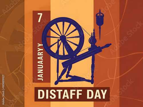 A graphic illustration for distaff day on january 7 featuring a spinning wheel silhouette illustration
