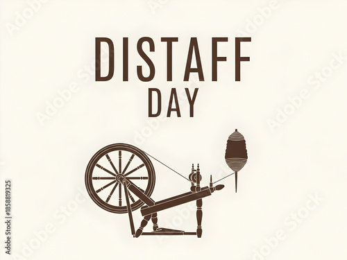 A graphic illustration celebrating distaff day with a spinning wheel silhouette illustration