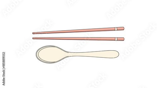 Illustration of chopsticks and a spoon on a white background.