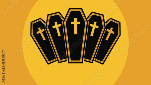 Vibrant coffins with golden crosses on yellow background