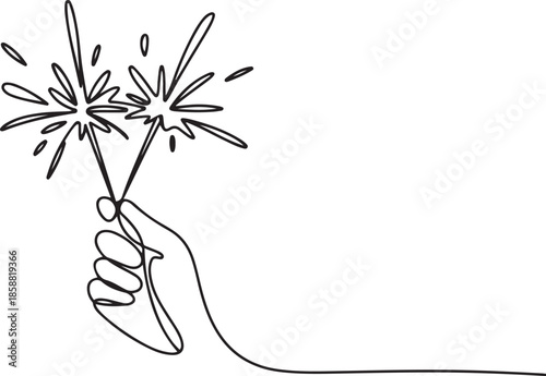 Hand holding fireworks in one continuous line drawing. Party concept. one line Art icon drawing