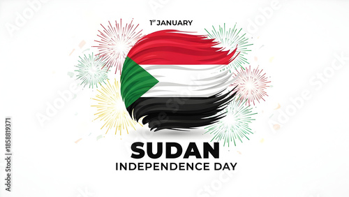 Sudan independence day celebration with stylized flag and fireworks on january 1st illustration