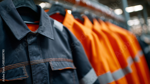 Side-angle view of heavy-duty work coats and overalls, bright safety colors aligned on hangers, fabric texture and stitching emphasized, workwear retail display concept