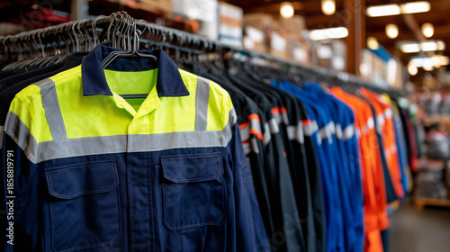 Wide banner-style shot of a workwear shop interior, rows of road work uniforms and overalls on racks, vibrant safety colors, professional workplace apparel display
