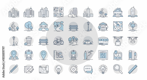 Architecture and city planning thin line icon set.