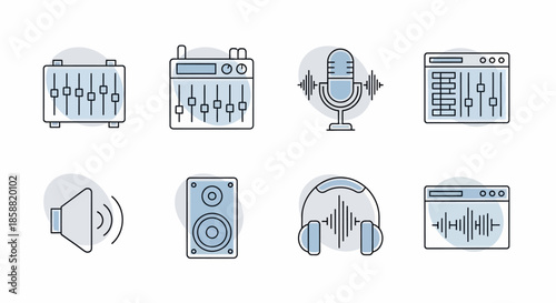 Audio equipment icons representing sound mixing and recording devices for music production.