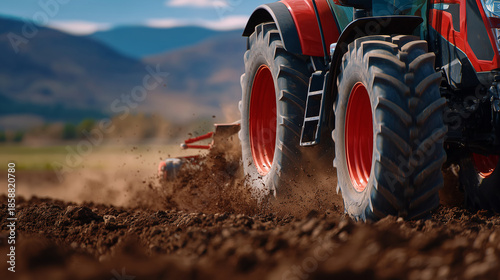 Low-angle wide close-up of tractor tire rolling through dry soil, plow turning earth in background, dust and debris rising, farming equipment preparing field for crops