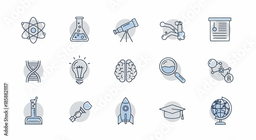 Science and Education Icons Representing Scientific Concepts and Tools.