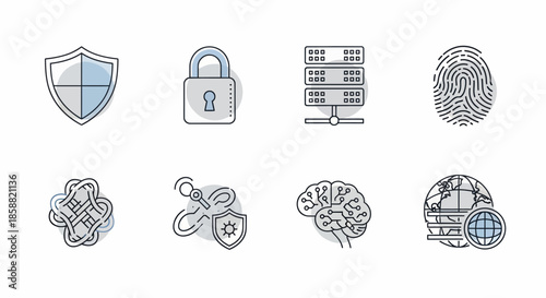 Cybersecurity and data protection icons representing digital security measures.