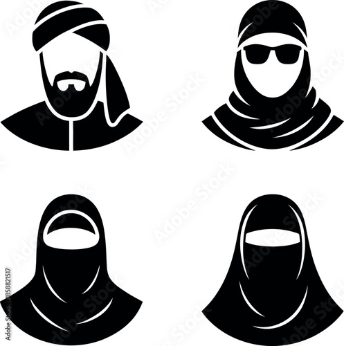 Black and white illustrations of people wearing headscarves and veils