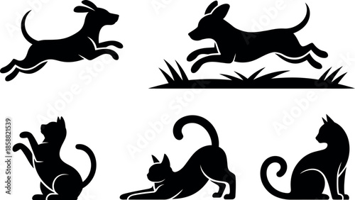 black silhouettes of dogs and cats in various poses
