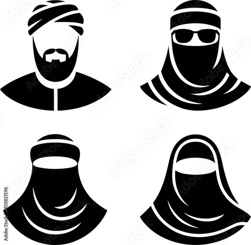Four different types of Arabic headwear and face coverings for cultural and religious purposes