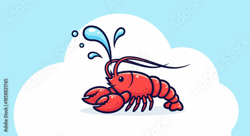 Cute Red Lobster Character Splashing Water Cartoon.