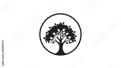 Green Tree with Roots Inside a Circle Frame Logo Design, Isolated White Background, Nature Concept