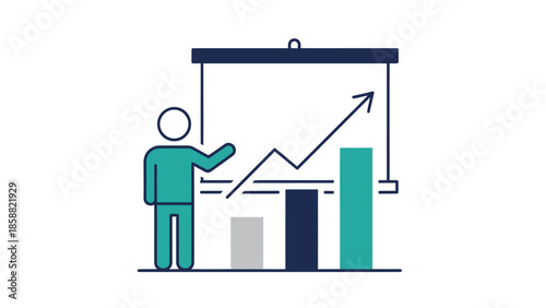 Business Professional Presenting Financial Data with Bar Chart on Board, Growth Analysis Icon