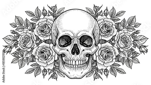 Detailed Human Skull with Roses and Floral Garland Isolated White Background, Gothic Art Illustration
