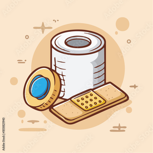 Fundamental first aid supplies medical tape, compact container, and adhesive bandage. Essential for home care and immediate minor injury treatment and safety