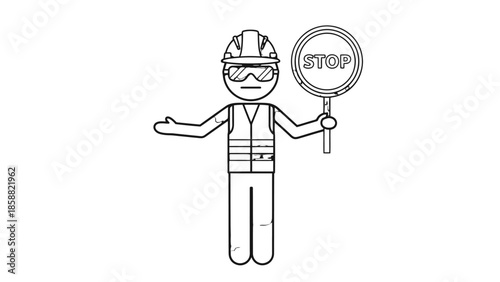 Stick Figure Construction Worker Wearing Hard Hat and Safety Glasses, Holding a Stop Sign on Isolated White Background