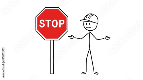 Stick Figure Construction Worker Standing Next to a Red Stop Road Sign, Safety and Caution Concept on Isolated White Background