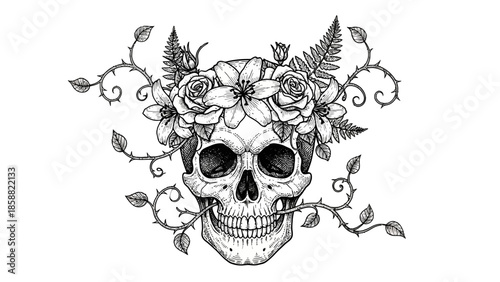 Detailed Human Skull Decorated with Flowers, Leaves, and Vines in a Gothic Style, Isolated White Background