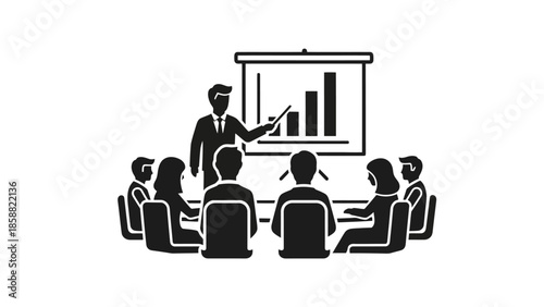 Business People Attending a Presentation Meeting in Office, Black and White Icon on Isolated White Background