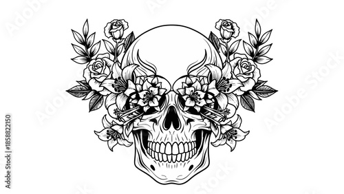 Artistic Skull with Roses and Leaves Decoration, Black and White Tattoo Style Illustration on Isolated White Background