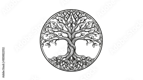 Detailed Tree of Life with Intertwined Roots and Branches in a Circular Frame, Symbol of Growth and Connection