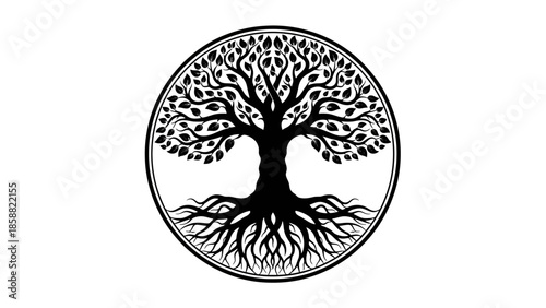 Intricate Tree of Life Symbol with Roots and Branches in Circle, Ancient Celtic Mythology Design