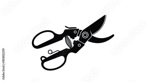A black and white illustration of pruning shears a gardening tool