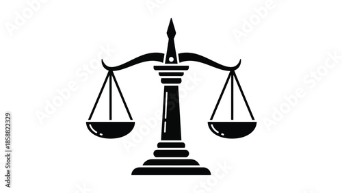 A simple black and white illustration of scales of justice