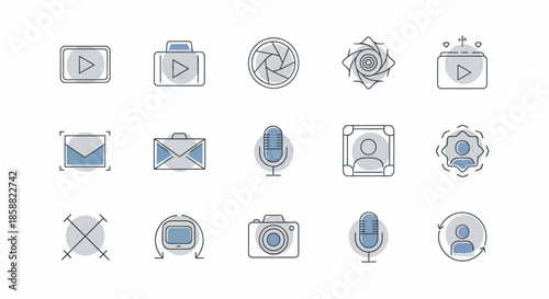 Collection of various media and communication icons in a line art style.