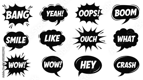 Collection of cartoon speech bubbles with various onomatopoeia and interjections