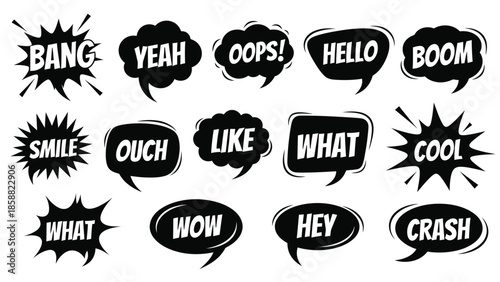 Collection of black comic speech bubbles with various onomatopoeic words