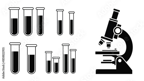 Science equipment illustration featuring test tubes and a microscope in black and white