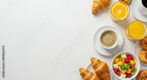 Delicious breakfast spread with croissants and fresh fruits on a white background