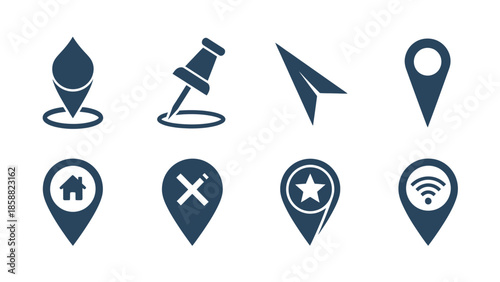 Collection of dark blue location navigation and communication icons displayed in a row