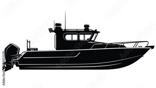 Black silhouette of a modern fishing boat with an outboard motor