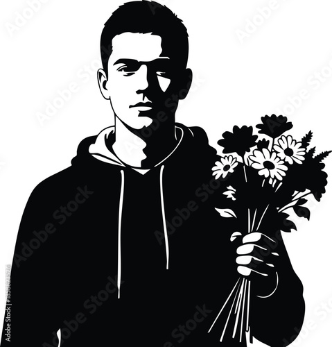 Stencil style high contrast close up portrait of young man holding bouquet of flowers wearing dark hoodie looking at camera centered composition moody minimal graphic bold
