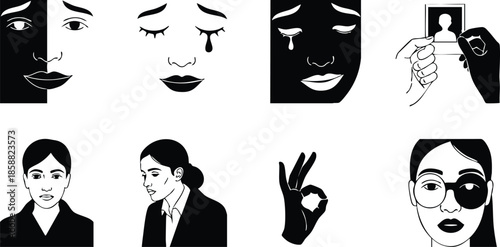 Line art icon set close up female faces expressing emotion tears smiling neutral profile portrait side view hand holding photo wearing glasses blouse monochrome bold contrast