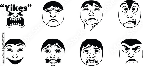 Line art close up sheet of eight expressive black and white face icons showing angry surprised sad happy and confused expressions front facing on white background