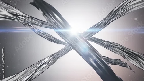 Abstract metallic ribbons intersecting at a radiant light source in a futuristic space scene