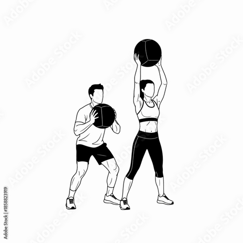 Man and woman training together with medicine ball equipment