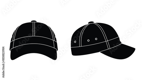 Two black baseball caps one front view and one side view illustration