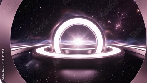 A futuristic portal glowing with a bright light in the middle of a galaxy