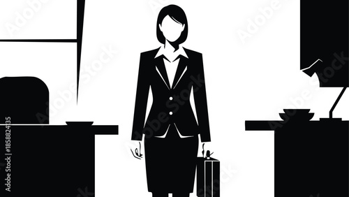 Flat minimalist vector silhouette business woman standing with briefcase between two office desks computer lamp cup frontal low angle view corporate icon black white high contrast